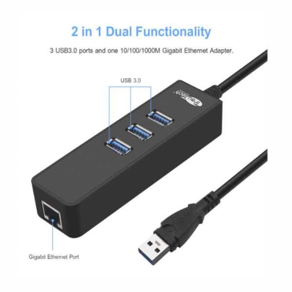HUB USB 3.0 de 3 Puertos con Adaptador de Red Ethernet