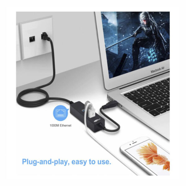 HUB USB 3.0 de 3 Puertos con Adaptador de Red Ethernet - Imagen 2
